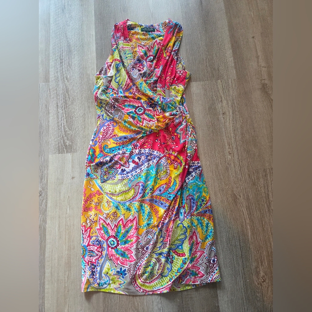 Lauren Ralph Lauren Multicolor Sleeveless Ruched Faux Wrap Paisley Dress Size 12
